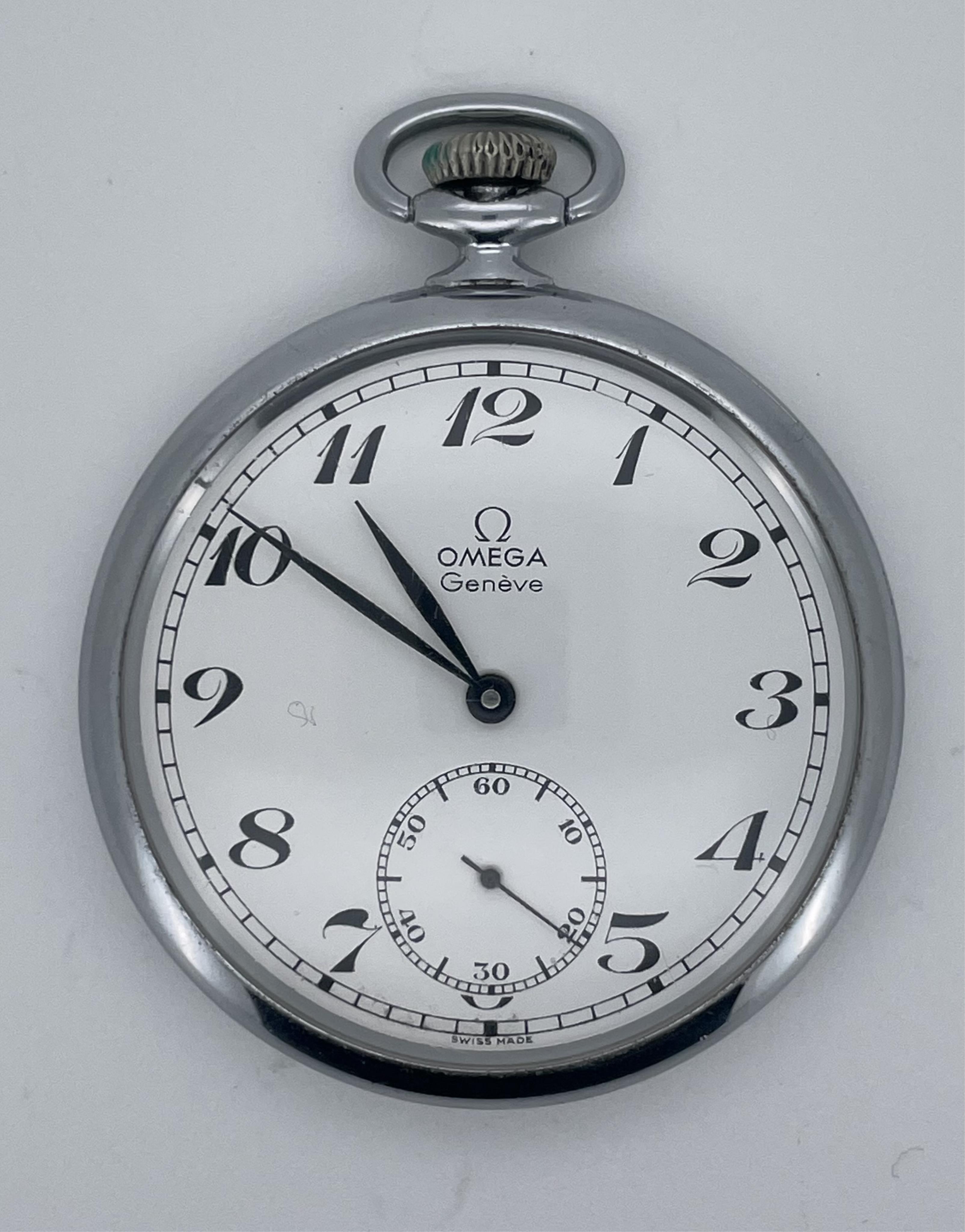 An Omega Geneve stainless steel open faced keyless dress pocket watch, with Arabic dial and subsidiary seconds, case diameter 47mm.